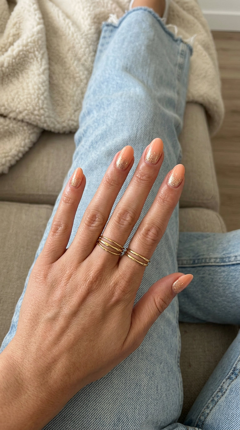 Cute summer nails 2026: Peach Fuzz glitter gradient on short square nails for casual daily wear.