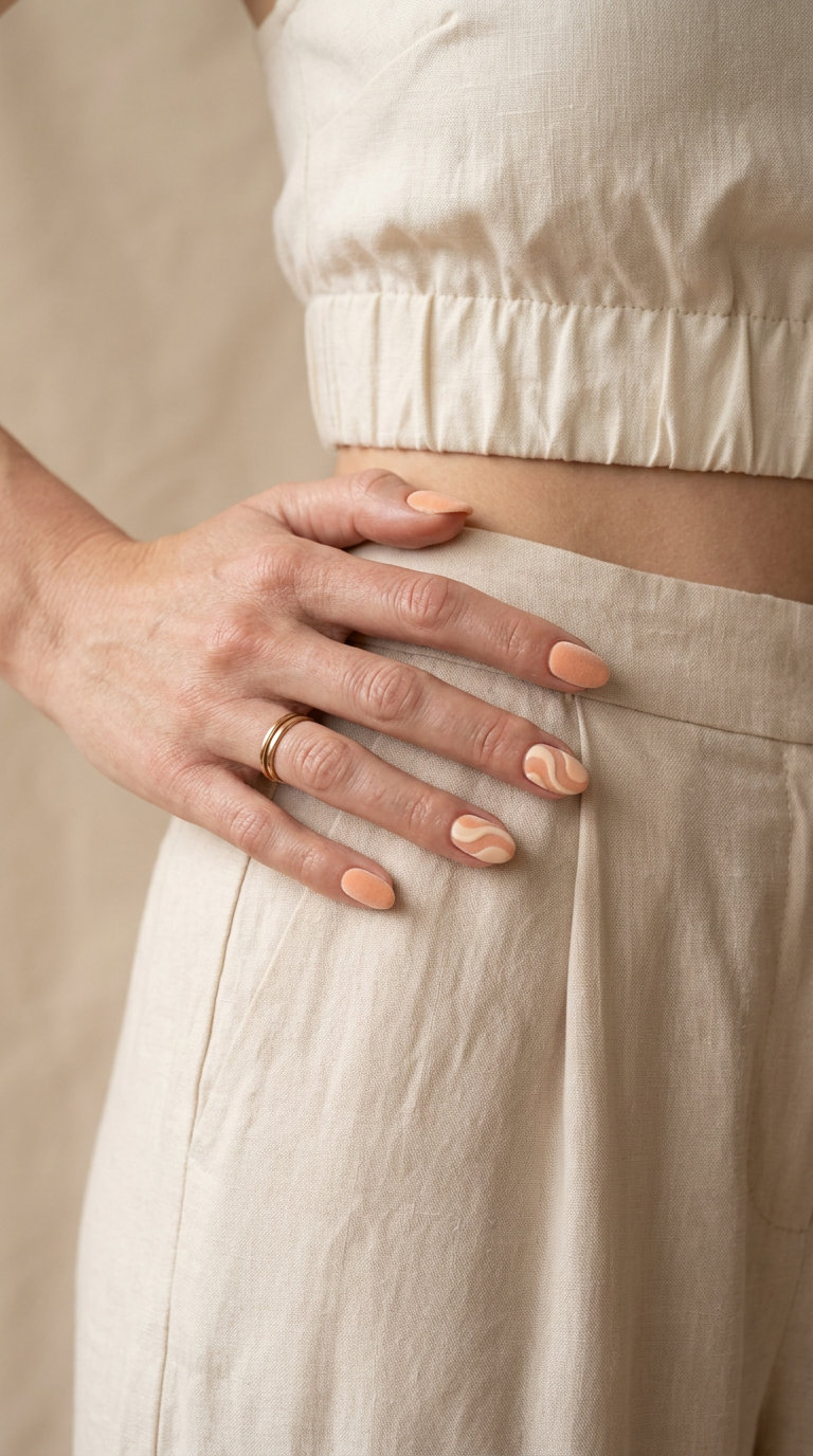Cute summer nails 2026: Peach Fuzz Velvet Swirls on short square nails for date night & evenings.