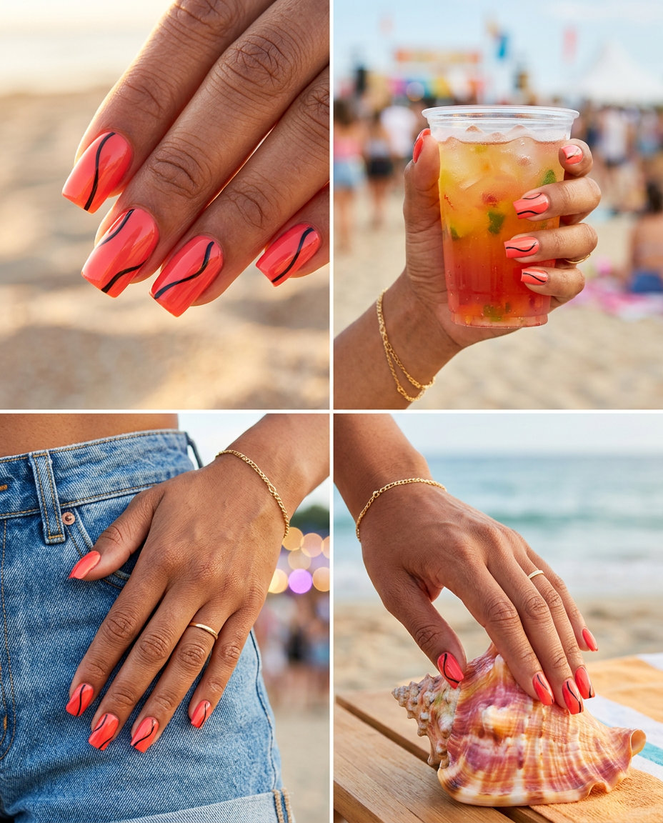 Vibrant coral abstract lines nails for an edgy casual look or summer party in 2026.