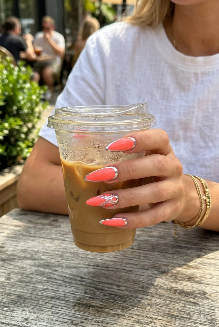 Vibrant coral chrome accents nails for a glamorous party or night out in 2026.