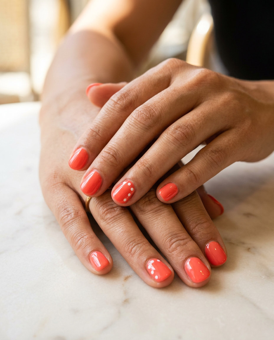 Cute summer nails 2026: Vibrant Coral Glossy Dots on short square nails for vacation & parties.
