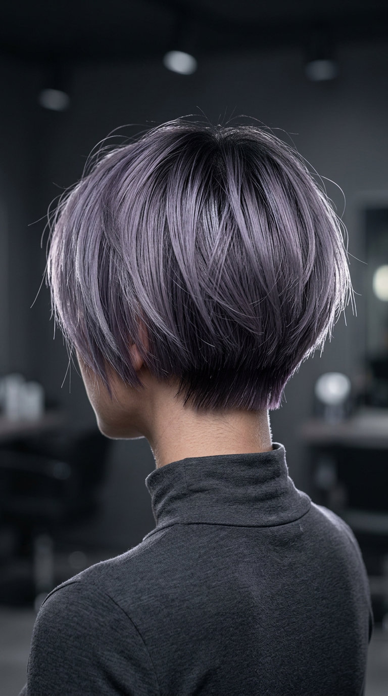 short sleek bixie haircut in muted cyber violet with charcoal roots and blunt perimeter for edgy look