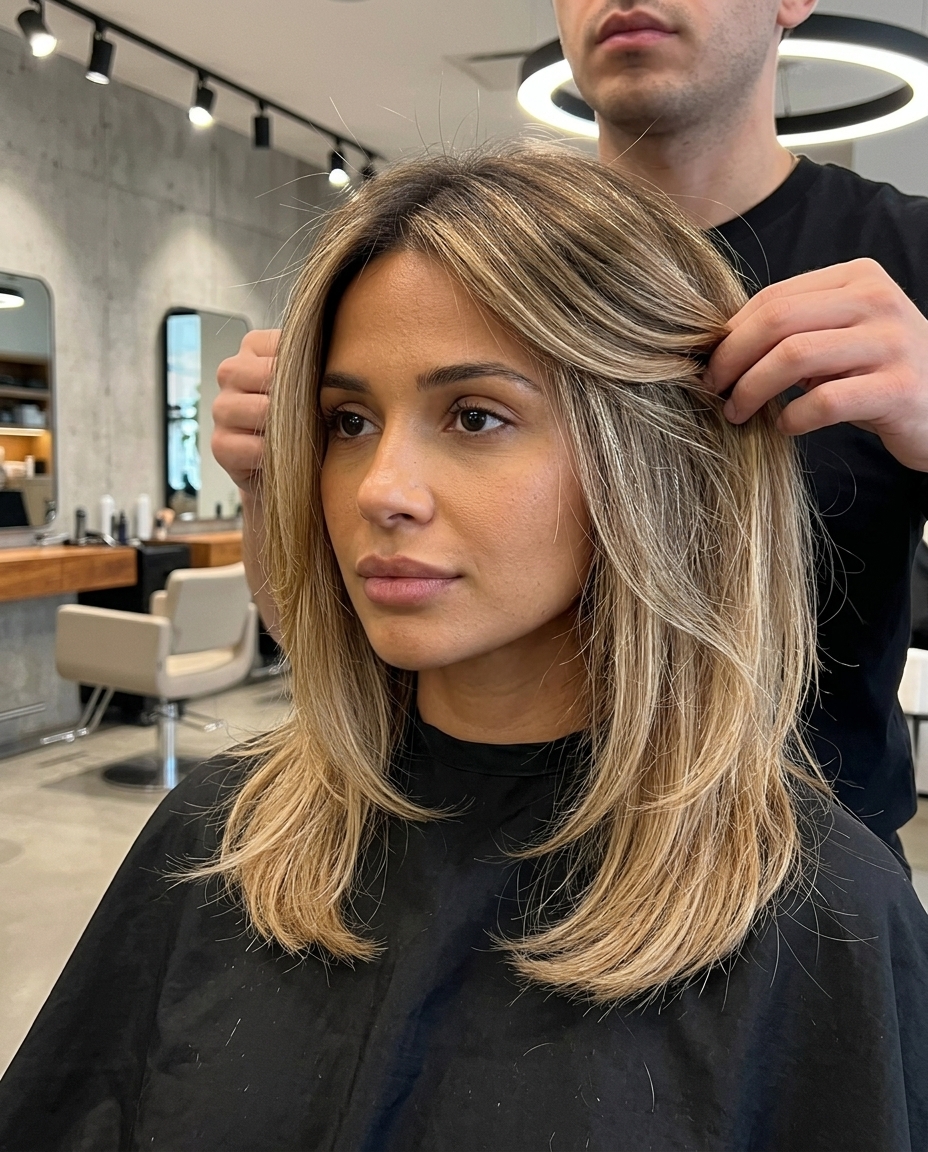 long dark blonde ombre with sandy blonde ends, diffused root, minimalist mood
