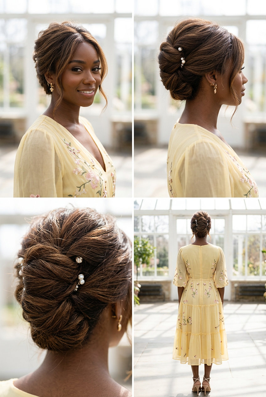 long natural dark blonde messy french twist with babylights and pearl pins for formal event