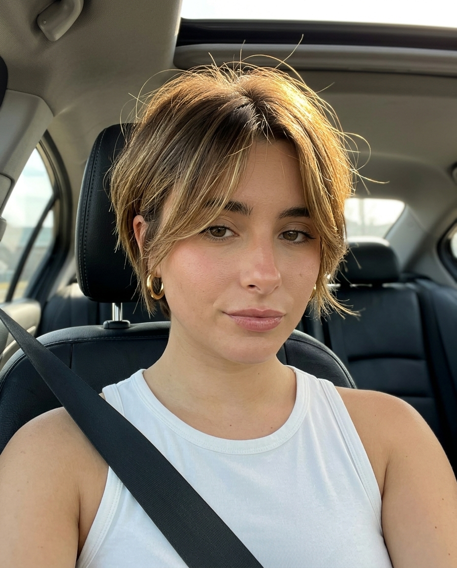 Effortless Textured Crop 2026 very short choppy haircut in natural dark blonde with sun-kissed ends and piecey fringe for casual wear