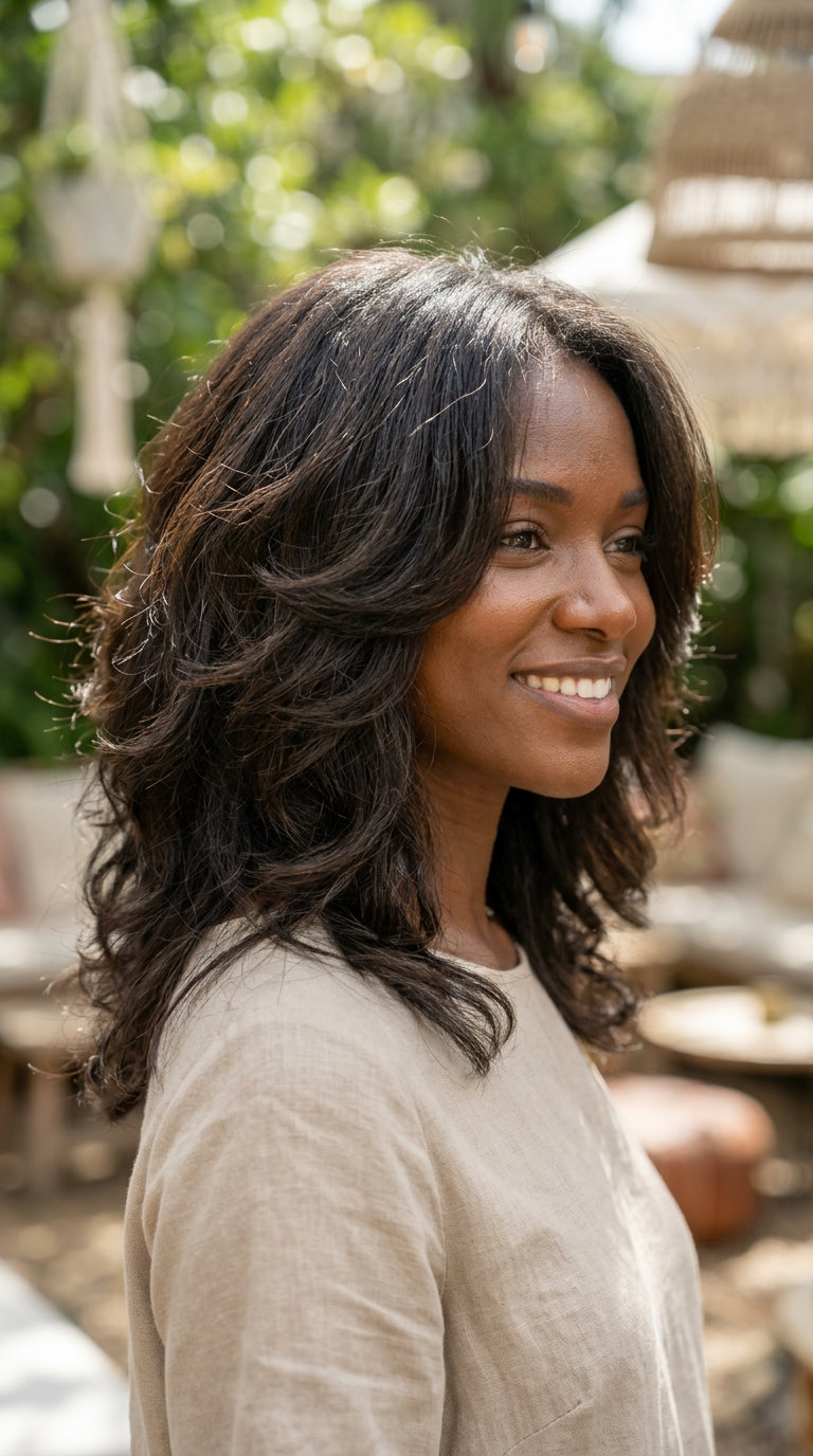 Tousled Butterfly Cut: Pretty Summer Hairstyle for Black Women 2026 long natural deep brown tousled butterfly cut waves for weekend
