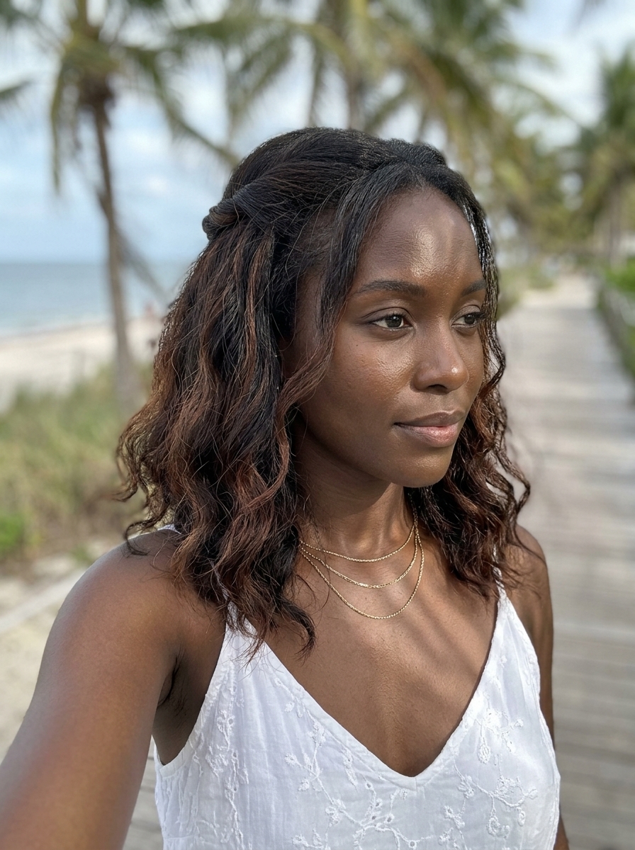 Effortless Textured Half-Up Twist 2026 long dark brown half-up twist with natural texture for weekend casual