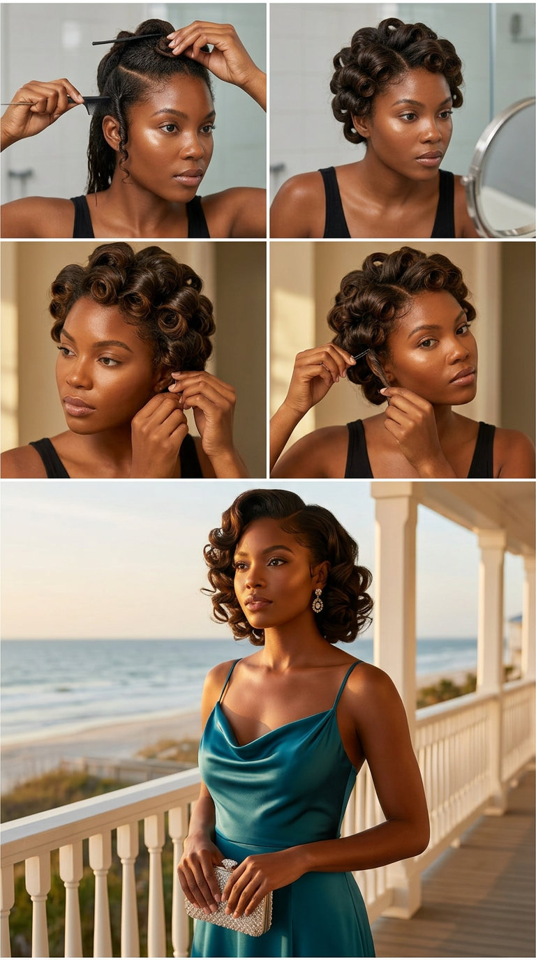 Retro Pin Curls: Pretty Summer Hairstyle for Black Women 2026 medium natural dark brown pin curls with defined texture for formal event