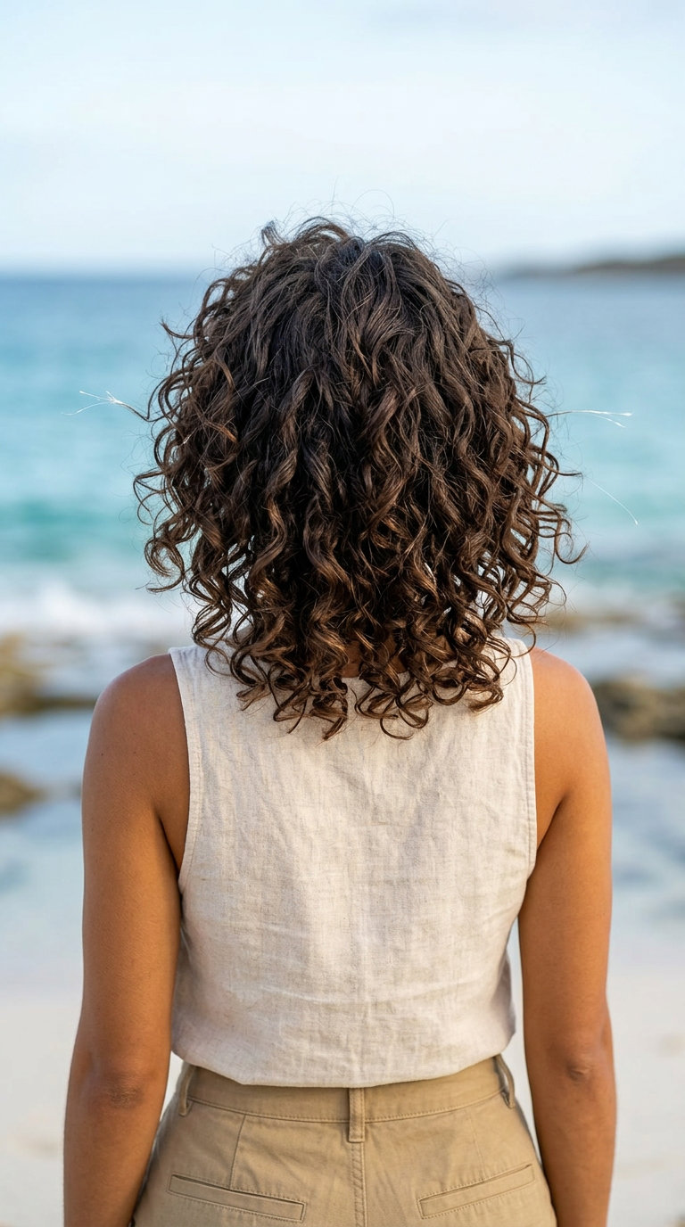 short dark brown curly crop with defined texture for summer