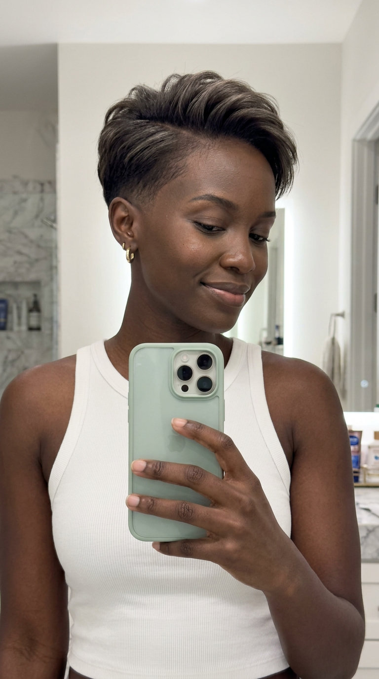 short pixie haircut in dark brown with ash highlights, graduated fade and textured top — edgy modern