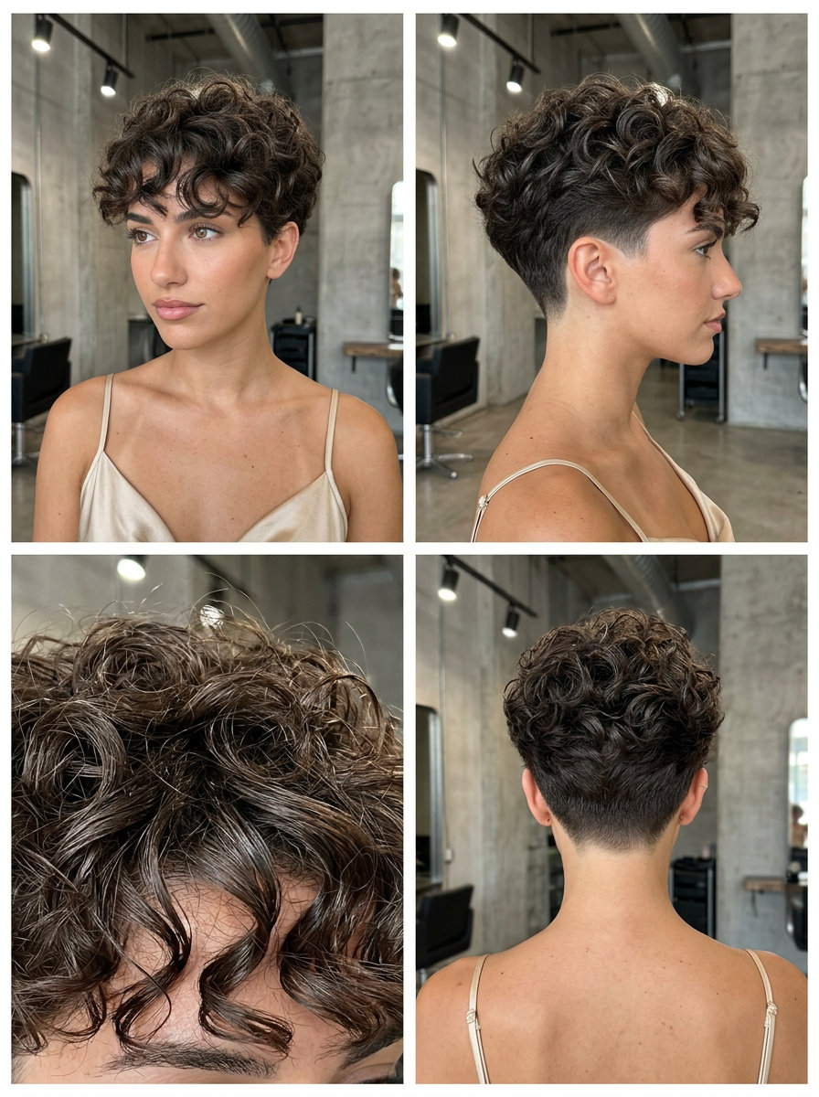 short curly pixie with a fade and textured top for edgy summer style