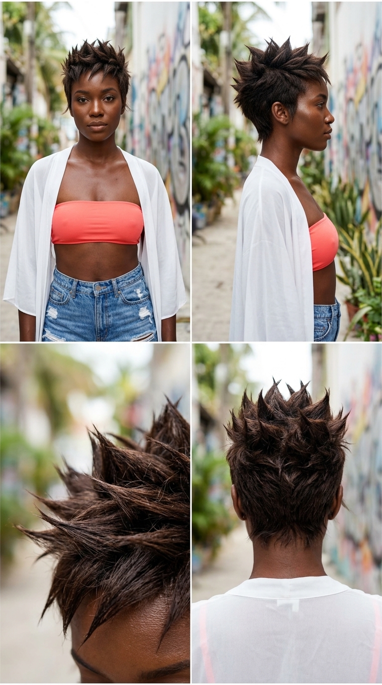 Edgy Spiky Crop: Summer Haircuts 2026 very short spiky beach crop with dark brown, edgy texture, rebellious festival style