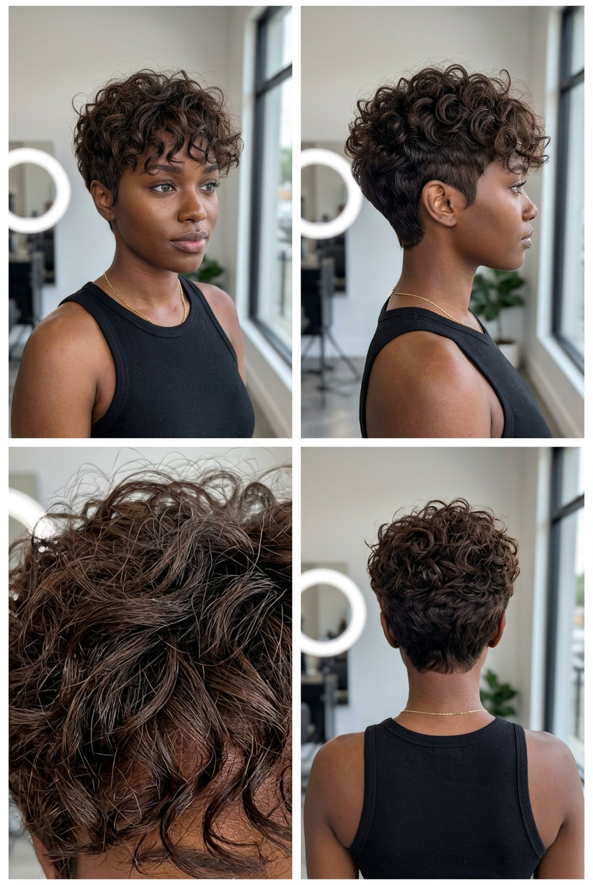 Curly Gamine French Pixie in Dark Chocolate 2026 short curly dark chocolate pixie cut with gamine bangs for edgy casual