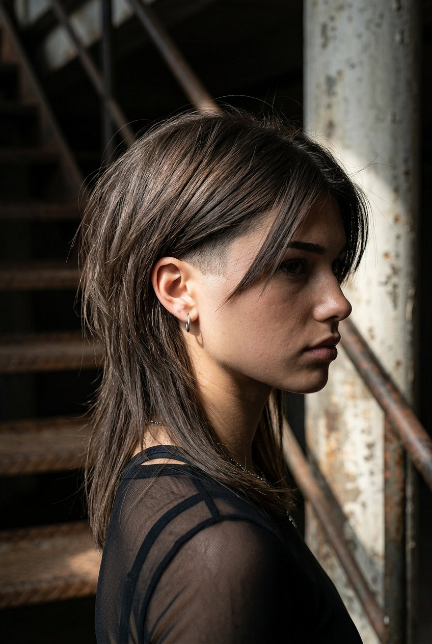 medium haircut with deep ash brown, subtle clipper fade and point-cut layers — bold edgy