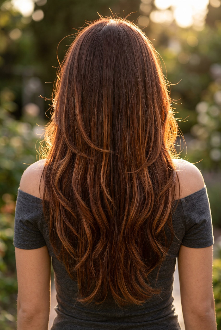 Long V-cut layers with deep auburn and golden caramel balayage for romantic look