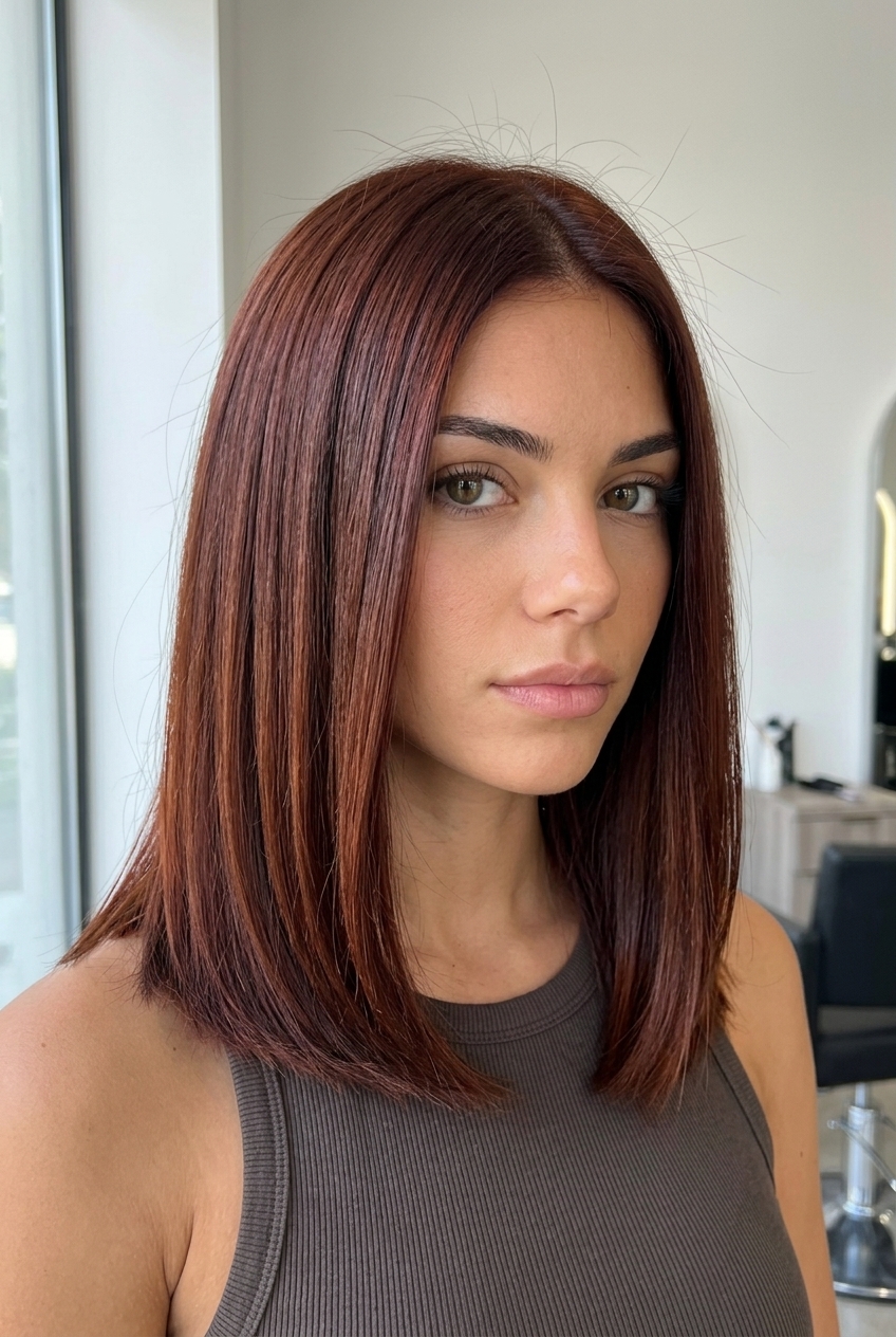 medium-long blunt cut with deep auburn gloss, all-over color, classic elegance for summer