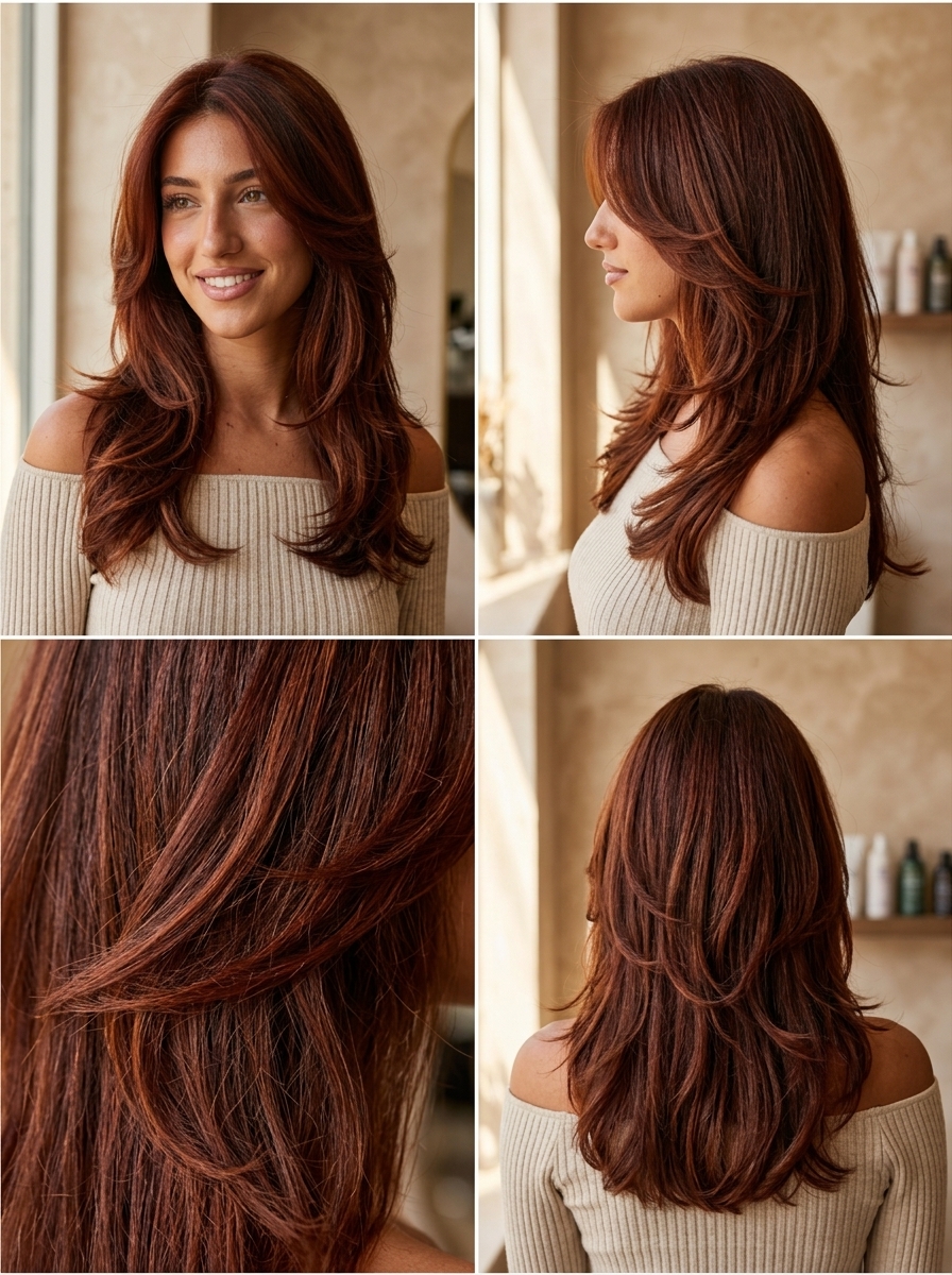 medium-long butterfly haircut with deep auburn, flowy layers and soft U-shape back for date night