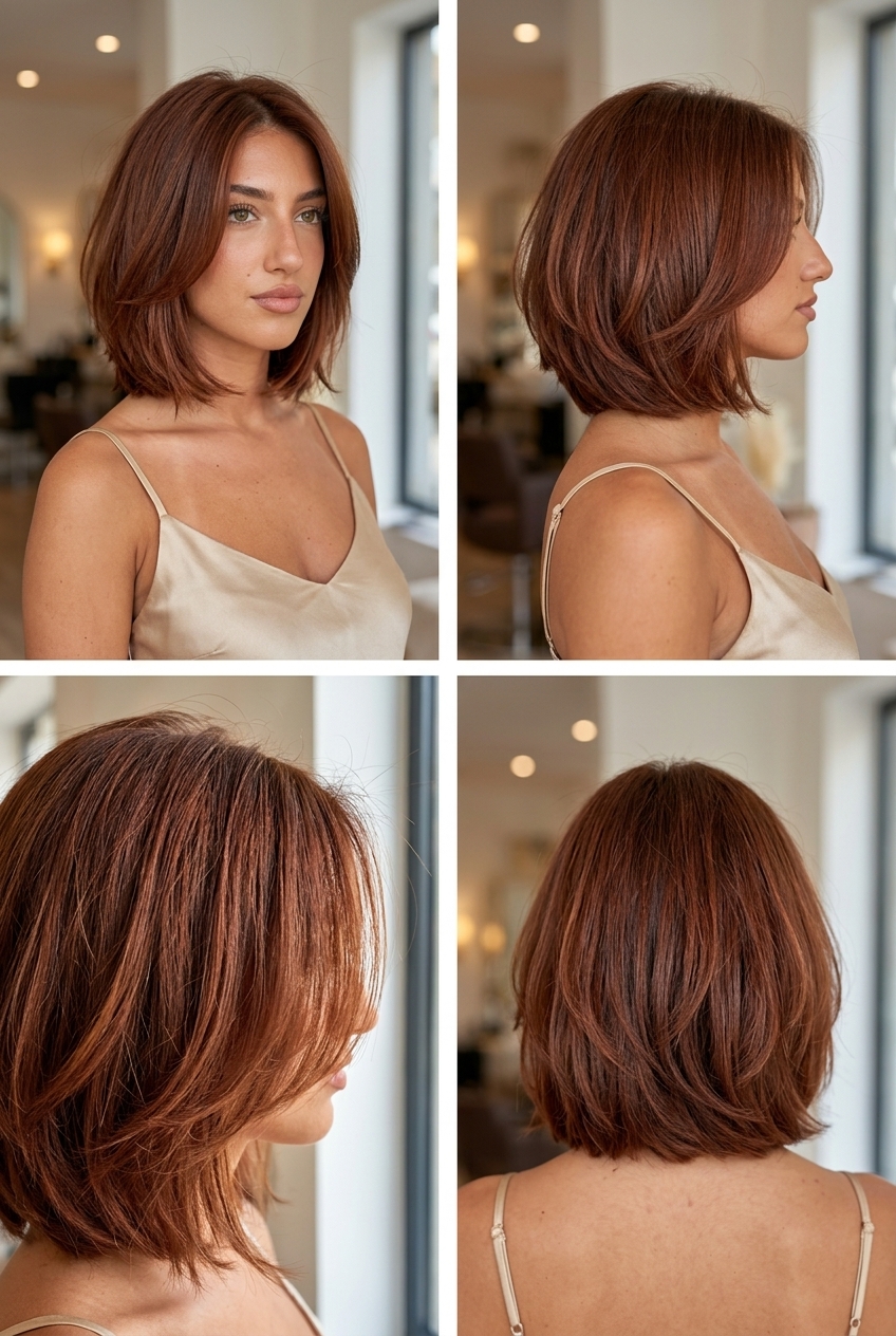 neck-length textured bob haircut in deep auburn with mahogany undertones, internal layers, no bangs for date night