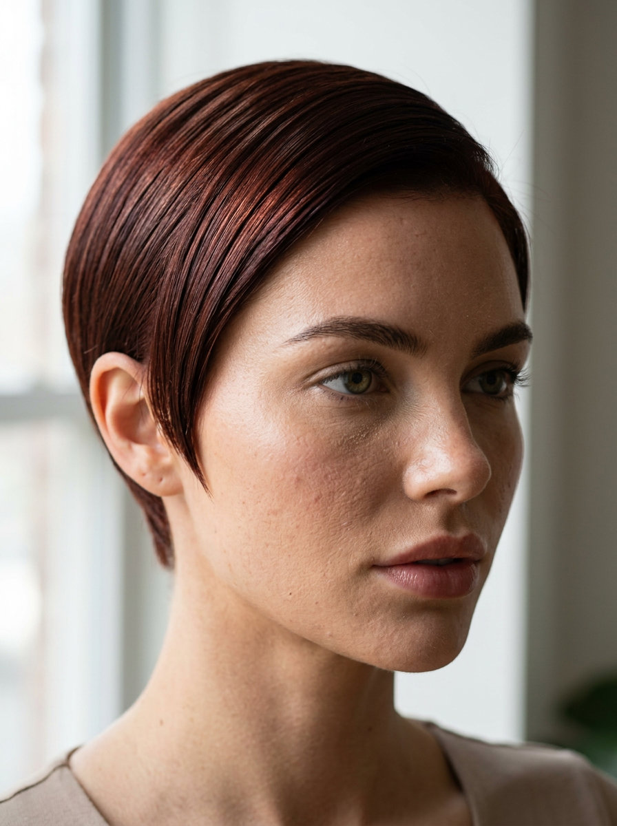 very short sleek pixie haircut in deep auburn with red-violet undertones, blunt cut, side-swept fringe — sophisticated