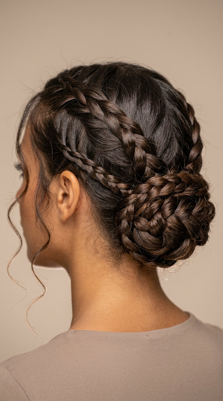 French Riviera Braided Updo 2026 medium natural deep brown braided updo with wispy face-framing tendrils for French Riviera chic