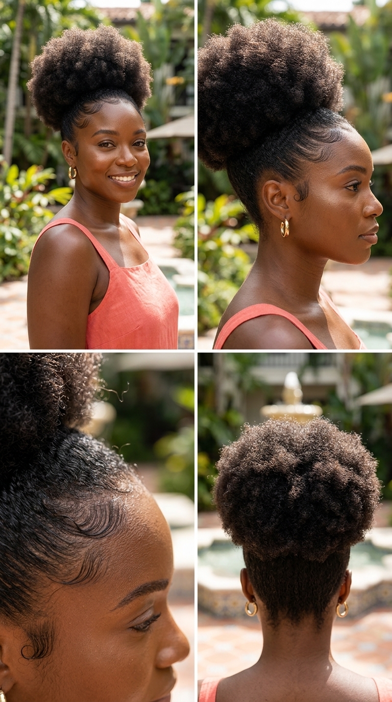short natural hair afro puff with deep brown color, defined edges, and sculpted baby hairs for a confident look