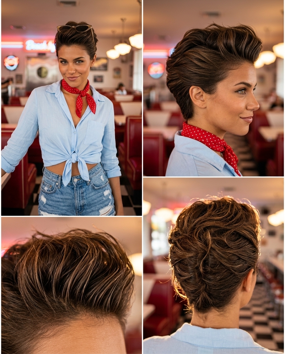 short quiff haircut with deep brown color, textured volume and swept-back fringe for summer