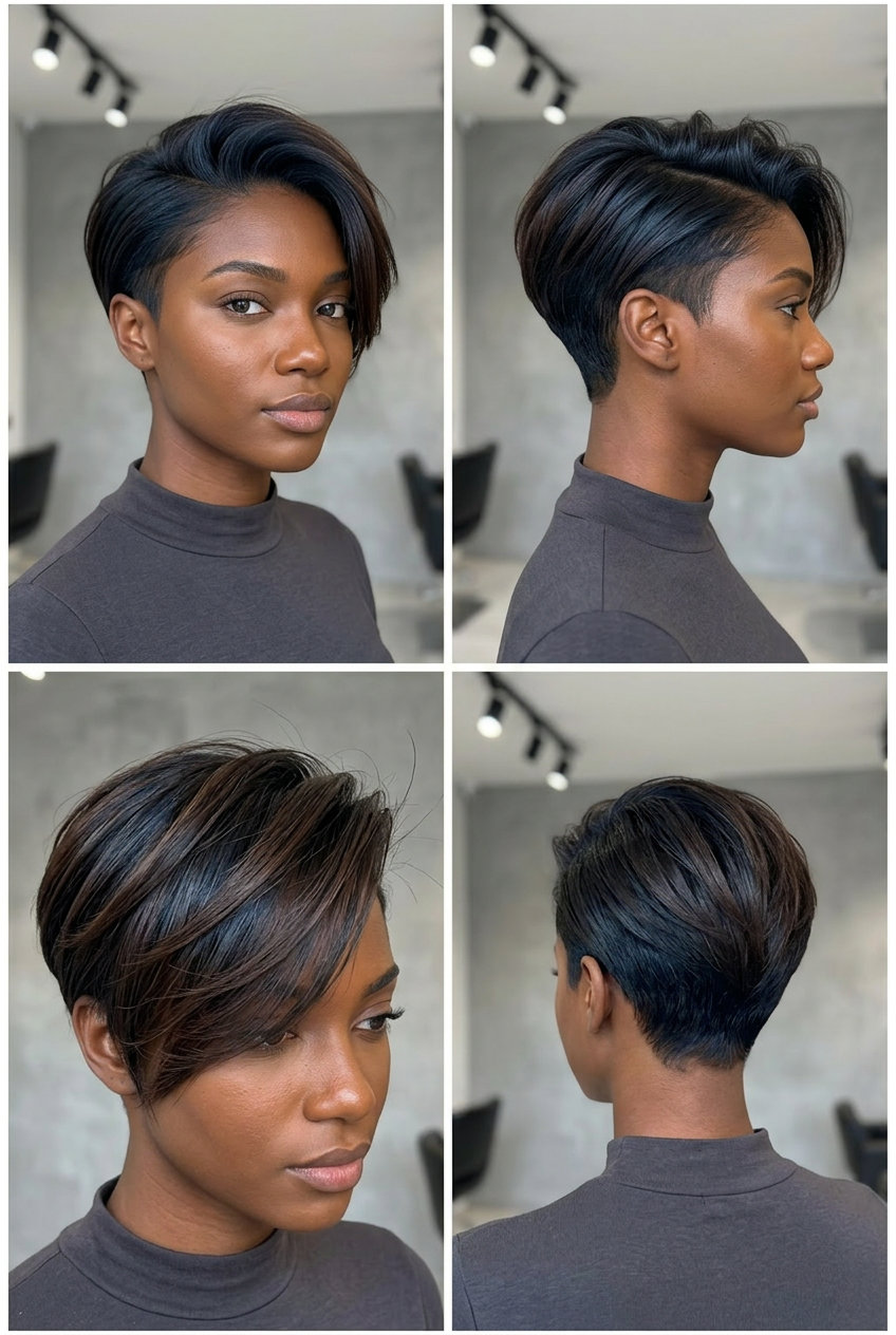 very short undercut pixie haircut in deep brown with blue-black tint and swept side-part for edgy occasions