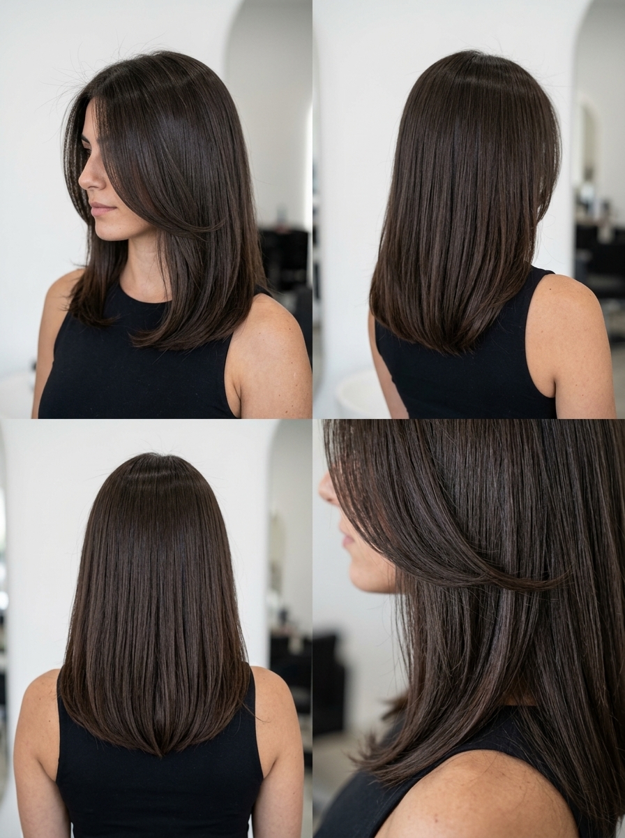 collarbone-length U-shaped layered haircut with deep brunette, no bangs — minimalist polished look
