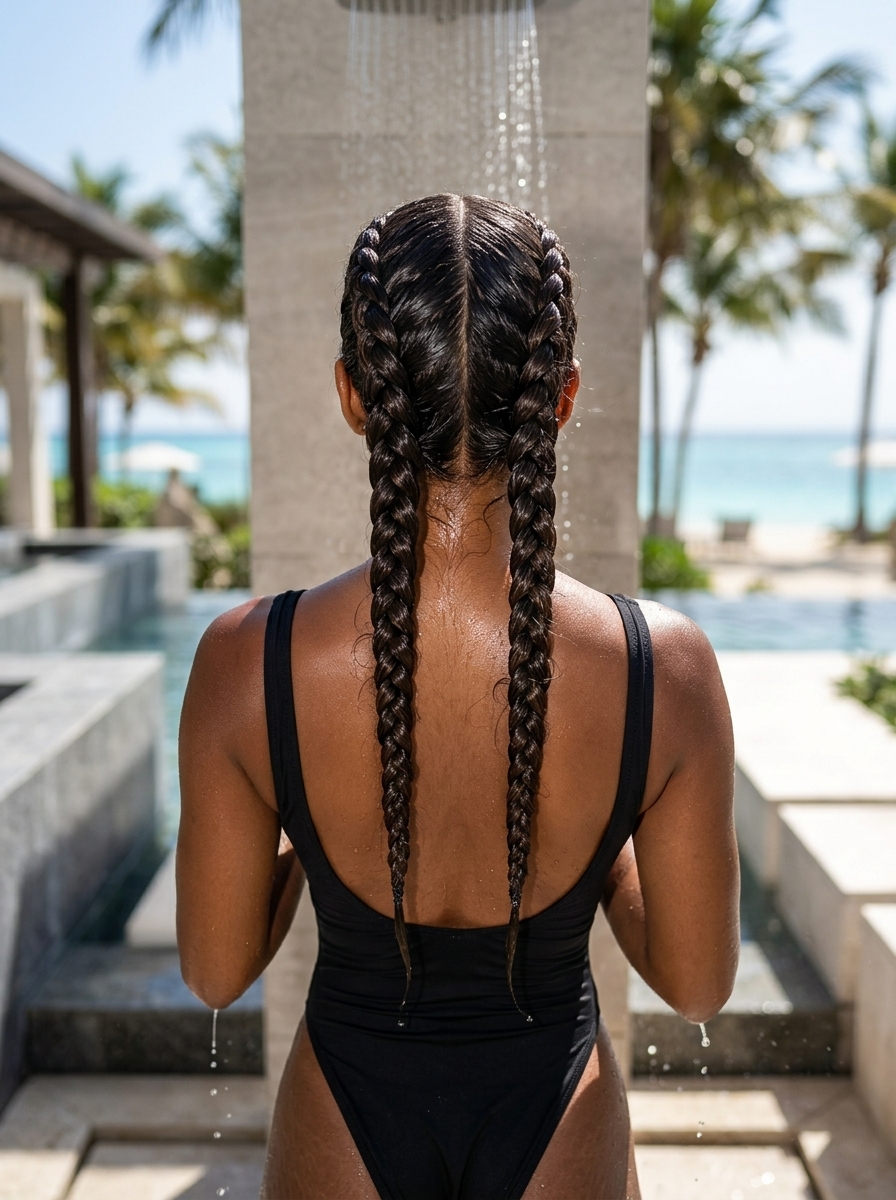 Hydro-Gloss Braids: Sleek Wet Look for Summer 2026 long deep brunette hydro-gloss braids with obsidian black shine, sleek French braids for beach vacation summer 2026