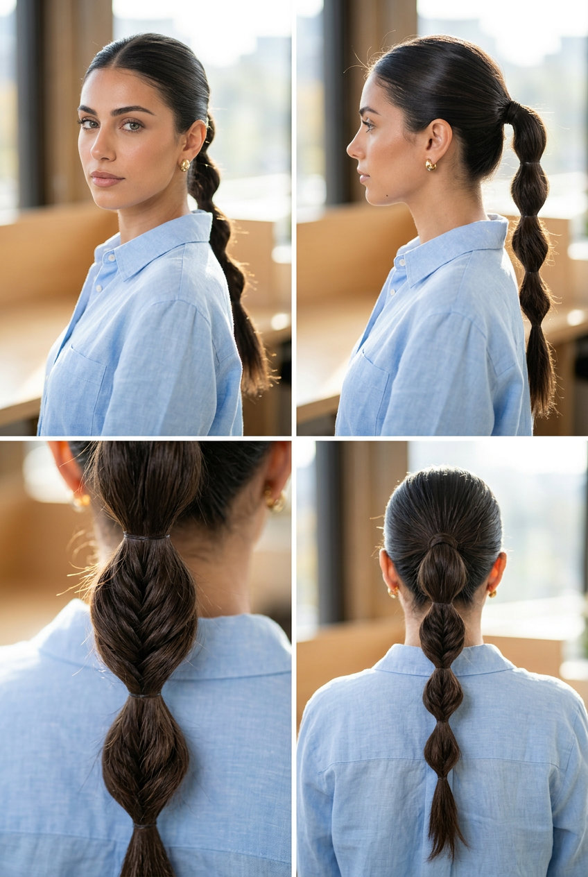 long deep brunette bubble braid with cool smoky undertones and high gloss for work