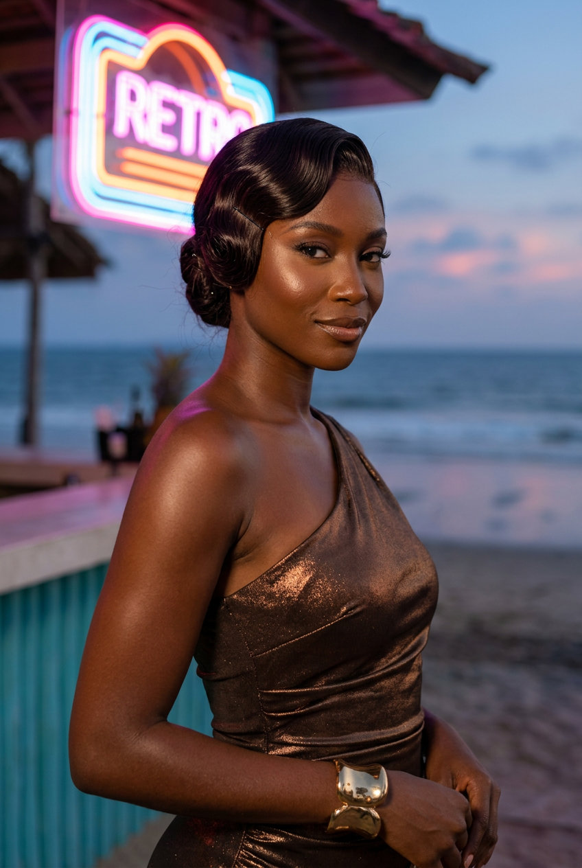 long deep brunette sculpted waves with finger waves and side-swept fringe for nightlife