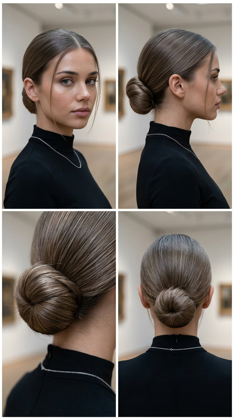 Sleek Hydro-Bun: Easy Summer Hairstyle 2026 sleek low bun with deep natural brunette, gel-polished finish, no fringe — professional summer look