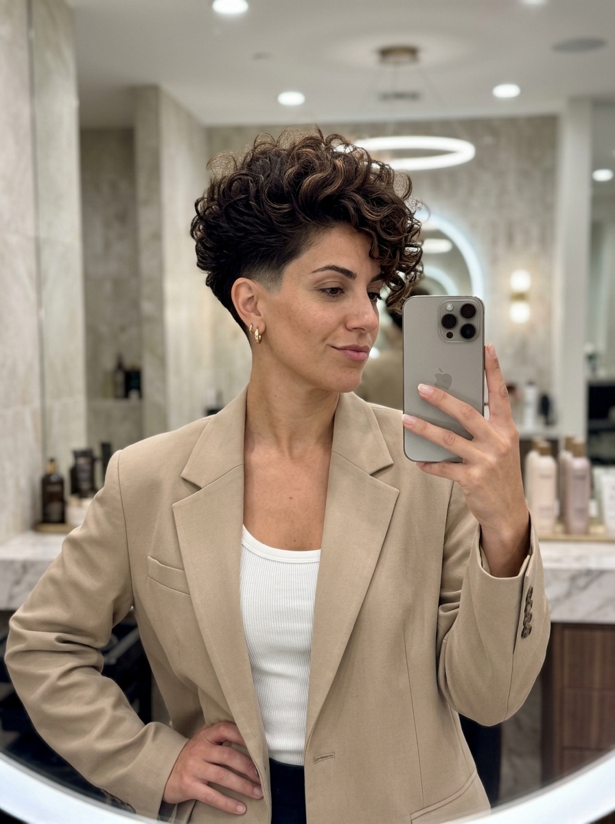 Sculpted Curl Undercut 2026 short sculpted curl haircut in deep brunette with bronze babylights and mid-taper undercut for edgy style