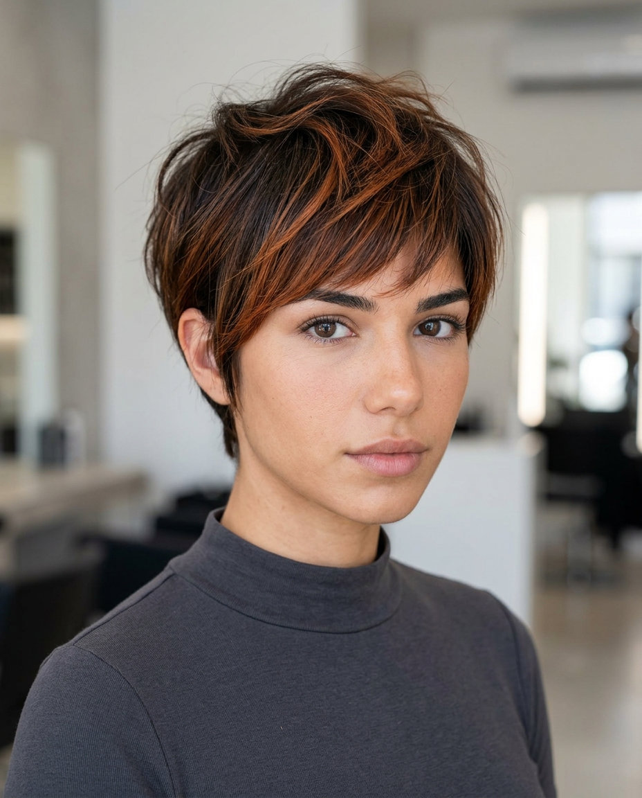 short asymmetric pixie cut with terracotta foilyage, copper gloss, side-swept fringe — bold playful
