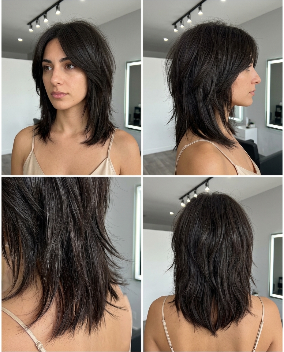 chin-to-collarbone shag haircut in deep espresso with cool undertones, choppy layers, no bangs — sophisticated edgy look