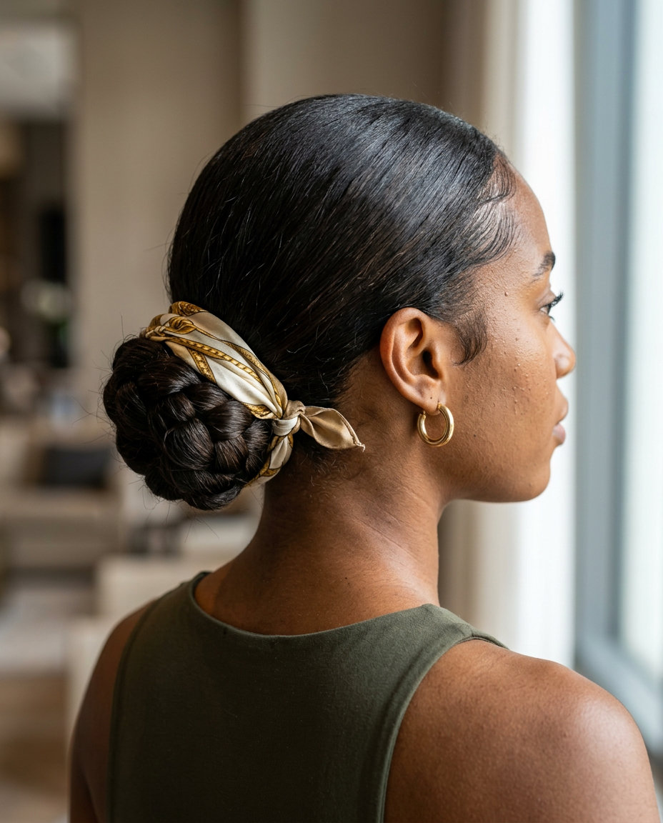 long natural low braided bun with silk scarf wrap in deep espresso for summer