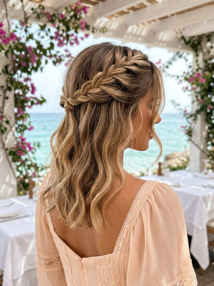 long dimensional blonde balayage twisted crown with soft waves and face-framing tendrils for weddings