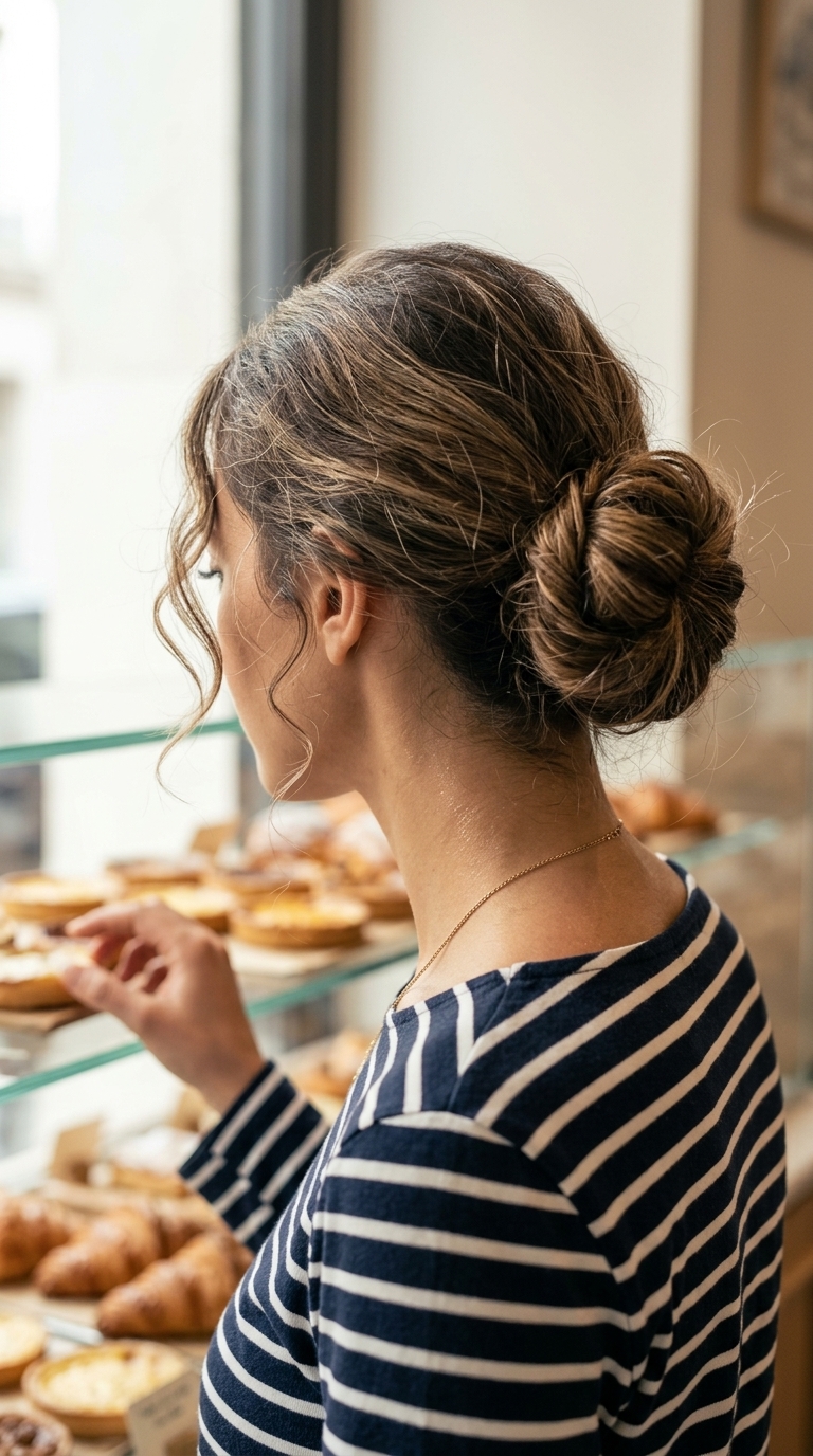 French Chic Low Messy Bun: Easy Summer Hairstyle 2026 long messy low bun with dimensional color, soft texture, face-framing tendrils — chic summer look