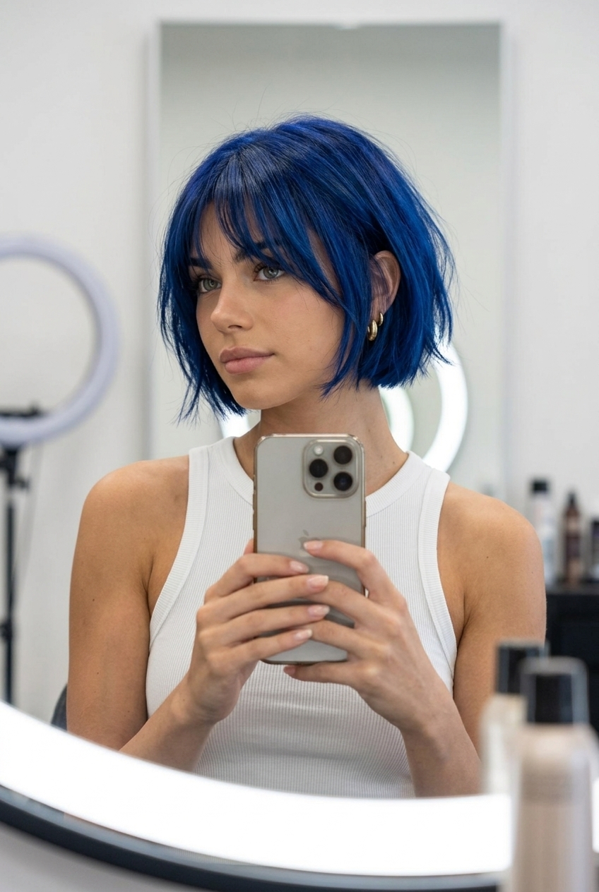 short french bob haircut with electric blue color, razored ends, wispy fringe — playful music festival