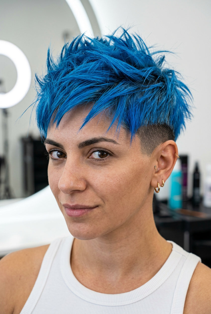 short pixie haircut with electric blue fashion color and extreme texture for edgy events