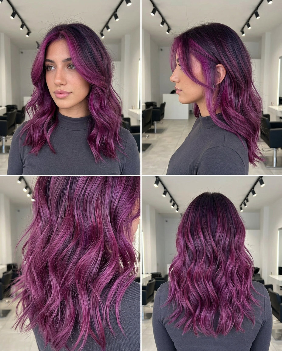long wavy haircut with electric orchid color, internal layering and hidden undercut for music festival