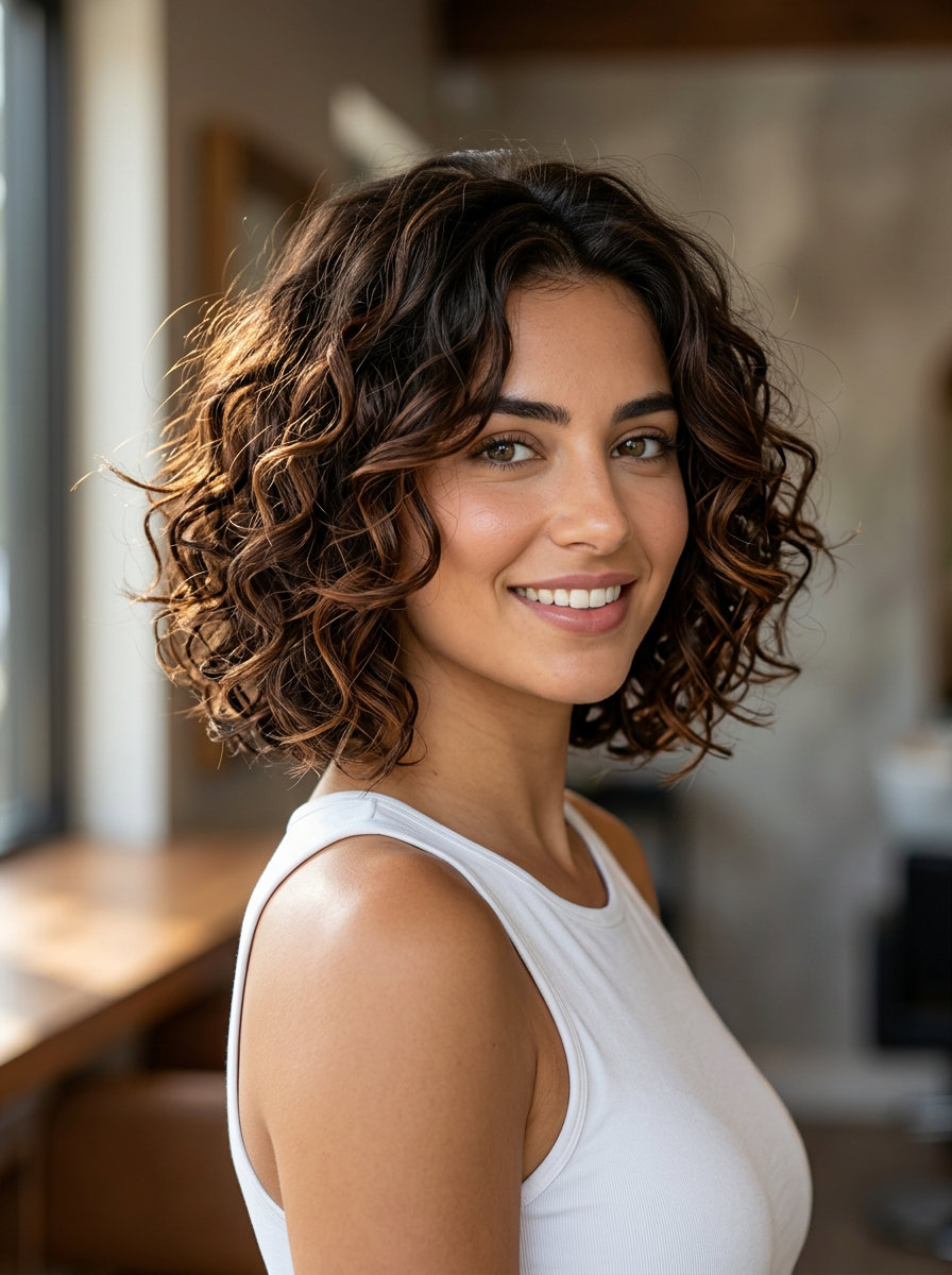 chin-length bob haircut in warm espresso brunette with auburn babylights for defined curls