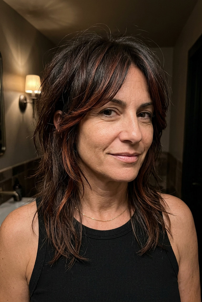 medium-length shag haircut in deep espresso with auburn ribbons, razored choppy layers, undercut nape, brow-grazing fringe — edgy and rebellious