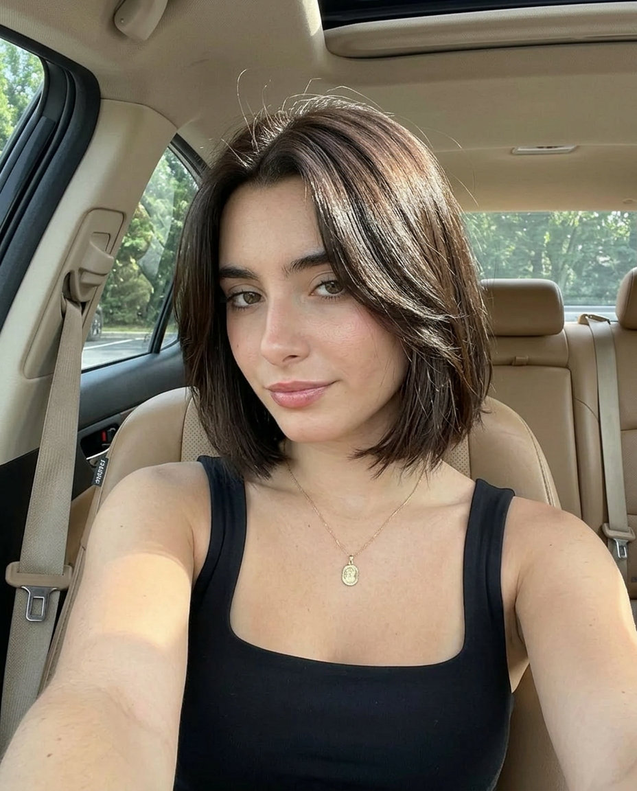 chin-length bob espresso brown hair with razor-cut texture and subtle face-framing for urban nights
