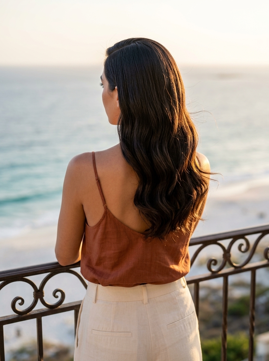 Sleek Beach Waves for Summer 2026 long espresso martini sleek beach waves with deep side part for beach vacation summer 2026