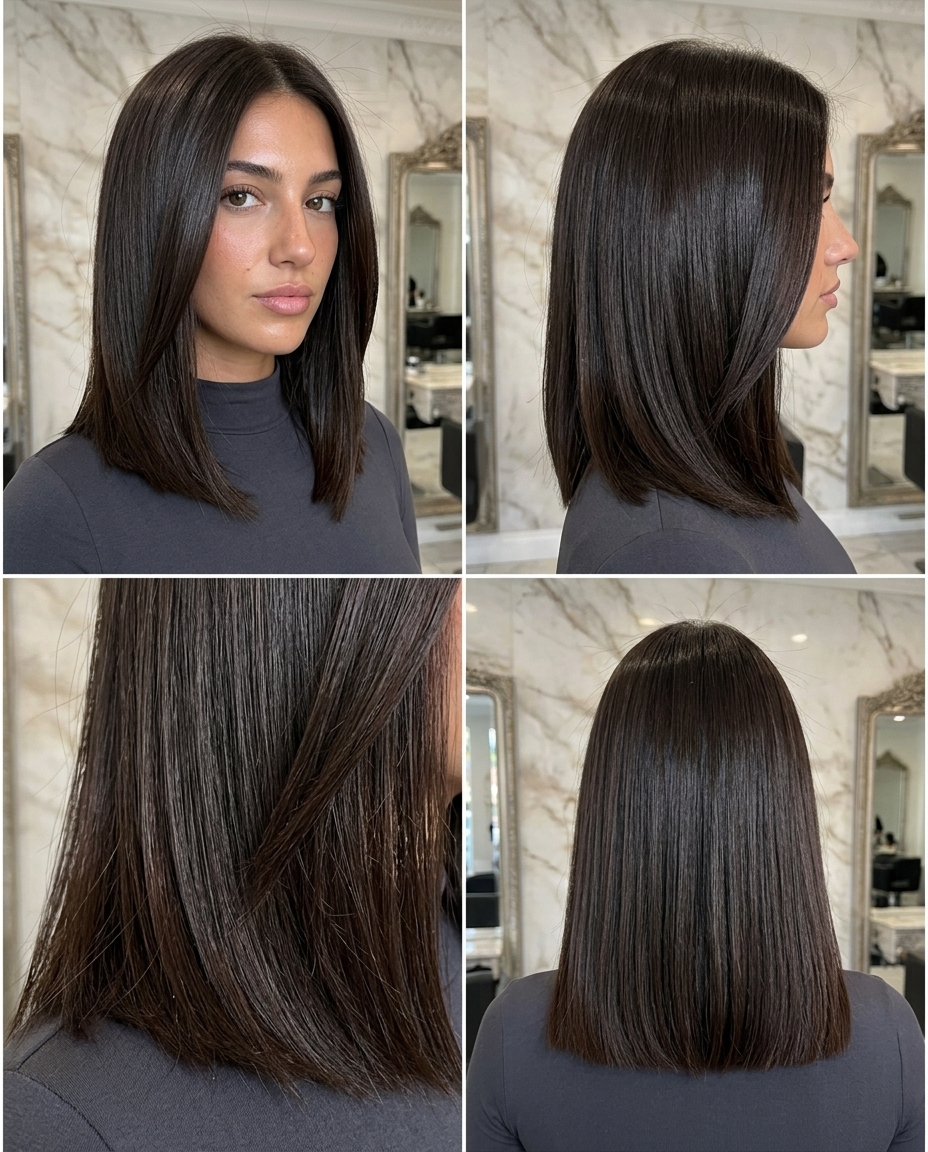 medium blunt lob haircut with deep espresso brunette, cool undertones, no bangs — chic professional