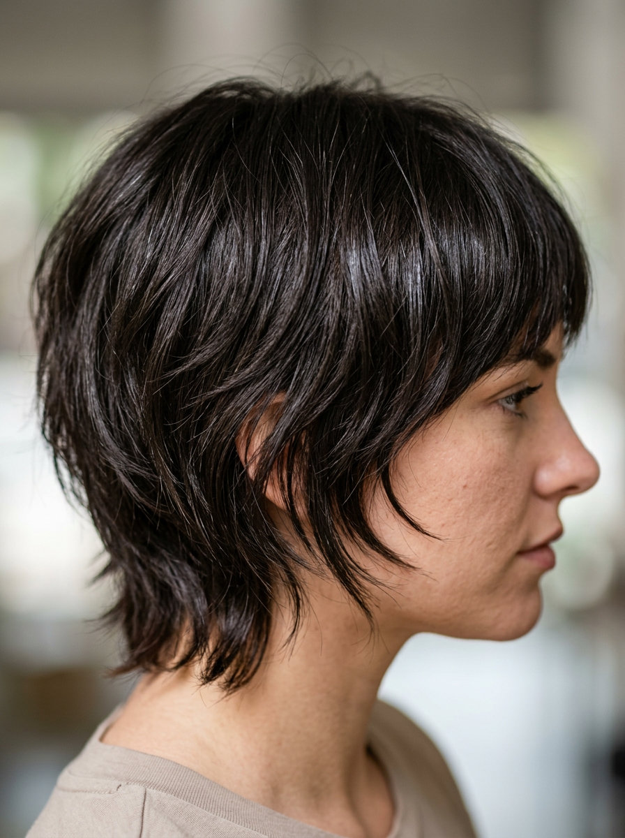 very short pixie haircut in espresso brown with disconnected layers for summer