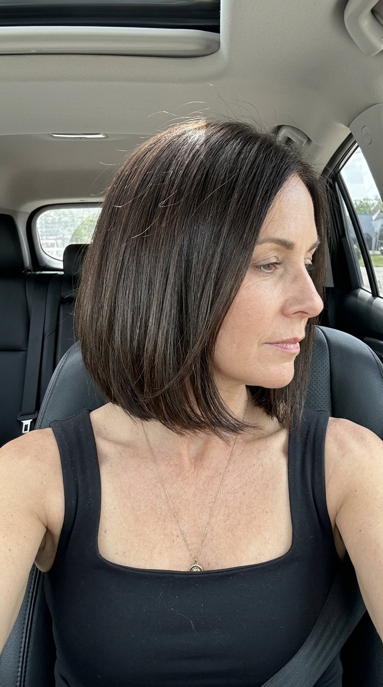 chin-length bob haircut in deep espresso brunette with cool mocha undertones, invisible internal layers, no fringe — sophisticated and elegant