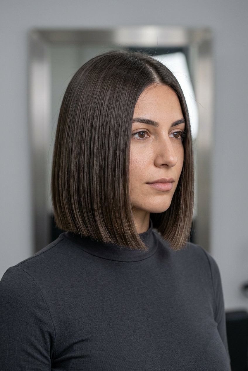 chin-length blunt bob haircut in dark cool-toned espresso brunette for professional events