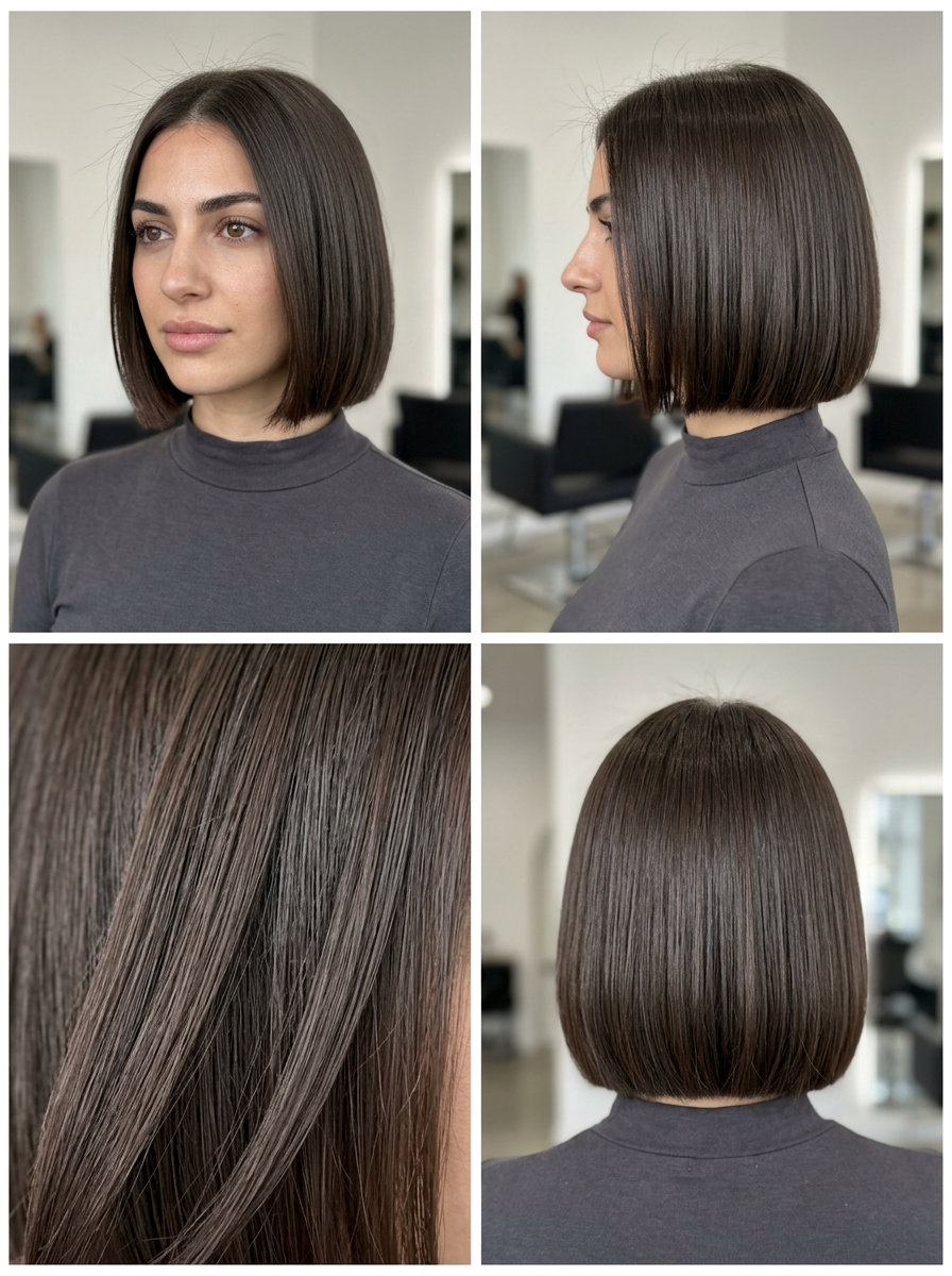 chin-length blunt bob haircut in espresso martini brunette for sophisticated daily wear